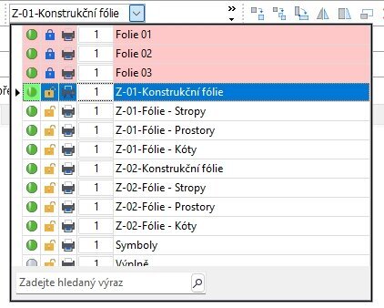 Výběr fólií ve stavové liště Výběr fólií ve stavové liště